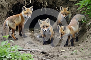 fox kits playing near a burrow