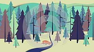 Fox lay down beside the river in pine forest landscape, paper art/paper cutting