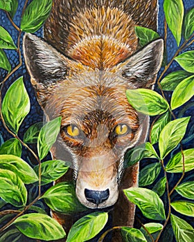 Fox looking out of foliage original art