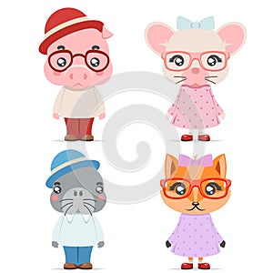 Fox mice pig walrus cute animal boy girl cubs mascot cartoon icons set flat design vector illustration