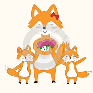 Fox mother with flowers from her children for mother day.illustration.vector.EPS10