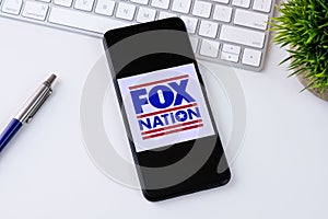 Fox Nation app logo on a smartphone screen.