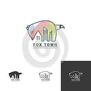 Fox negative space logo with town or city landscape