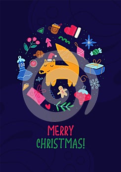 Fox and New Year`s holiday attributes in circular composition. Merry Christmas template of card, poster, flyer. Happy New Year