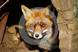 fox peeking out from a foxhole, eyes focused forward photo