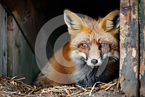 fox peeking out from a foxhole, eyes focused forward photo