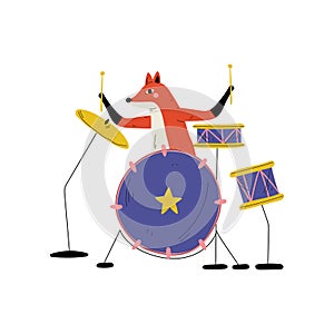 Fox Playing Drums, Cute Cartoon Animal Musician Character Playing Percussion Musical Instrument Vector Illustration