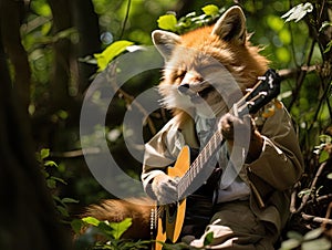 Fox playing guitar in forest setting Canon camera