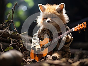 Fox playing guitar in forest setting Canon camera