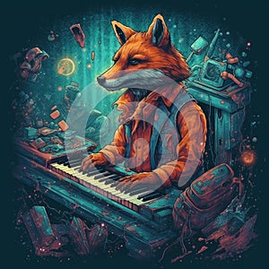 A fox playing piano colorful vinatge effcet generative AI