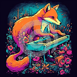 A fox playing piano colorful vinatge generative AI