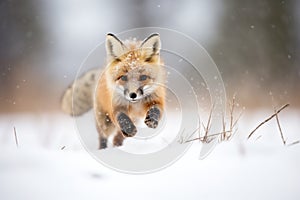 fox pouncing in powdery snow