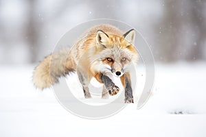 fox pouncing on prey under snow