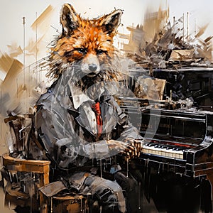 Fox preparing for a performance on piano watercolor