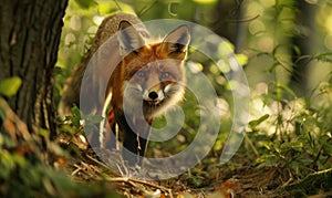 Fox prowling through the forest