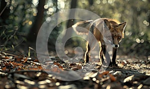 Fox prowling through the forest