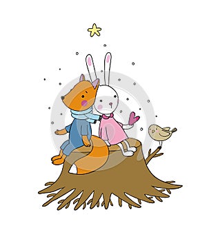 Fox, rabbit and bird sitting on a tree stump.