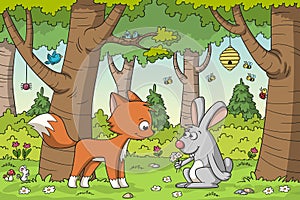 Fox And Rabbit In The Woods