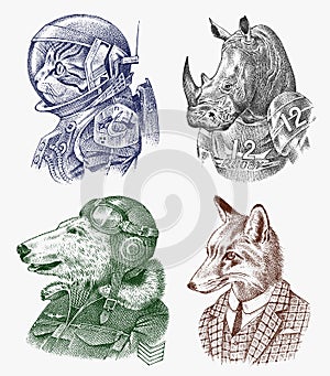 Fox and Rhino dressed up in Suit. Cat and Polar bear. Astronaut or Spaceman. Fashion Animal characters set. Hand drawn