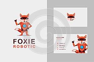 Fox robot cartoon mascot logo vector illustration and business card