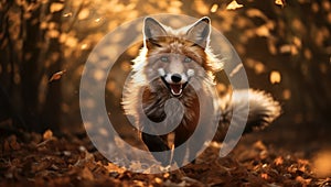 a fox running in the autumn forest