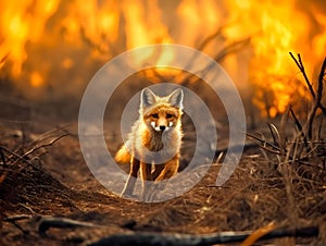 Fox running through a burning forest because of the perils of global warming, AI-generated. photo