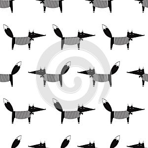 Fox seamless pattern. Black and white cartoon foxy vector illustration. photo