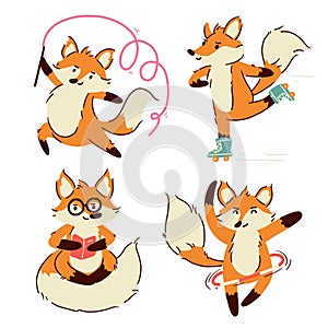 Fox . Set of cute cartoon characters . Hand drawn style . White isolated background . Vector