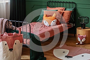 Fox shape like pillow and bag with fox head in elegant bedroom interior