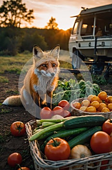 Red Fox in a Vegetable Garden at Sunset