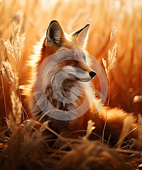 a fox sitting in a field of tall grass