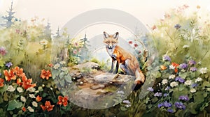 Fox sitting on path in watercolor wildflower meadow. Wall art wallpaper
