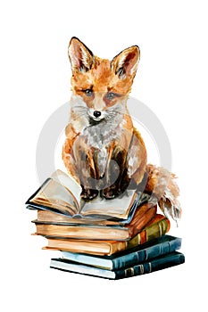 Fox sitting on stack of books watercolor illustration. Generated by AI