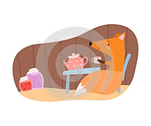 Fox Sitting at the Table and Drinking Tea in Its Tree Hollow Vector Illustration photo