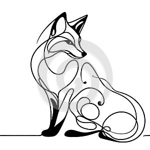 A fox sitting on a white background in a black and white drawing. The fox possesses a gracefully curved tail.