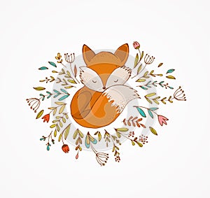 Fox sleeping on the flowers - lovely illustration and card