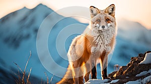 Fox at snow on sunset or sunrise sky abstract background. Animal and nature environment concept