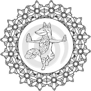 A fox with spirals in a yoga pose balances with stones in flora mandala.
