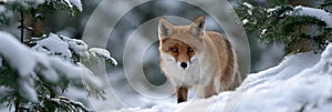 A fox is standing in the snow, looking at the camera