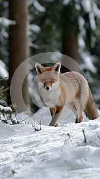 A fox is standing in the snow, looking at the camera