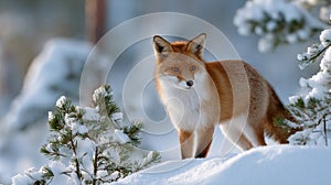 A fox is standing in the snow, looking at the camera
