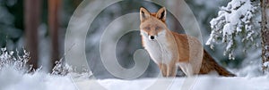A fox is standing in the snow, looking at the camera