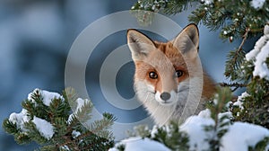 A fox is standing in the snow, looking at the camera