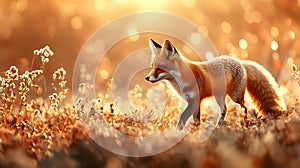 A Fox strolling through autumn fields with golden light