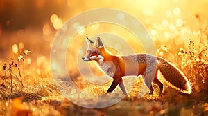 A Fox strolling through autumn fields with golden light