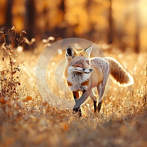 A Fox strolling through autumn fields with golden light