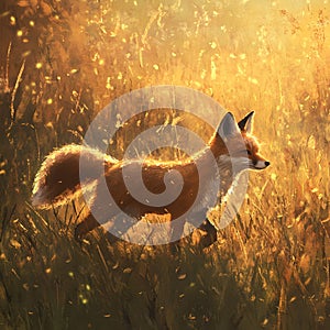 A Fox strolling through autumn fields with golden light