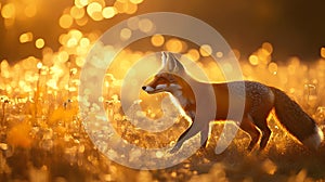 A Fox strolling through autumn fields with golden light