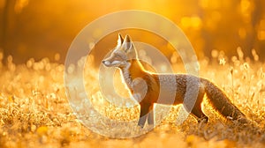 A Fox strolling through autumn fields with golden light