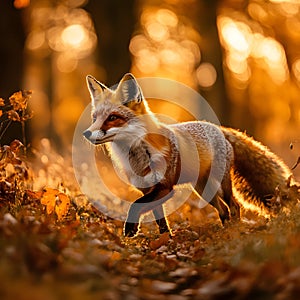 A Fox strolling through autumn fields with golden light